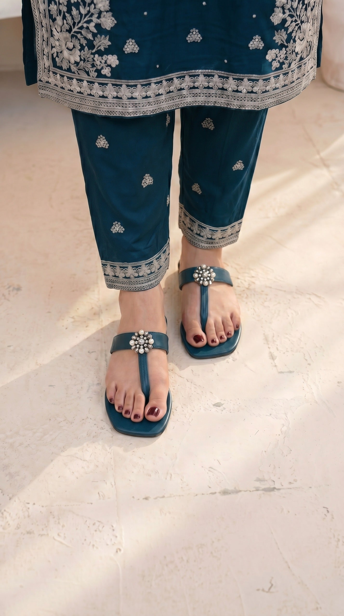 Stitched Teal Blue Chiffon Embroidered 3-Piece Suit for Women