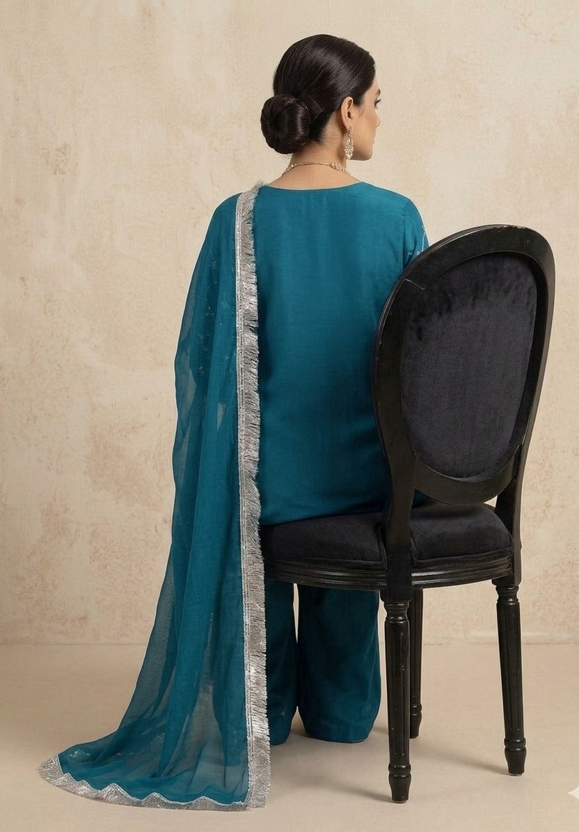 Stitched Teal Blue Chiffon Embroidered 3-Piece Suit