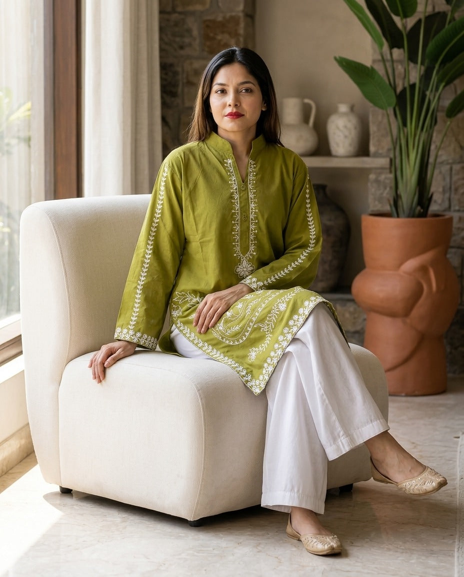 2-Piece Stitched Embroidered Cotton Kurta with White Flapper