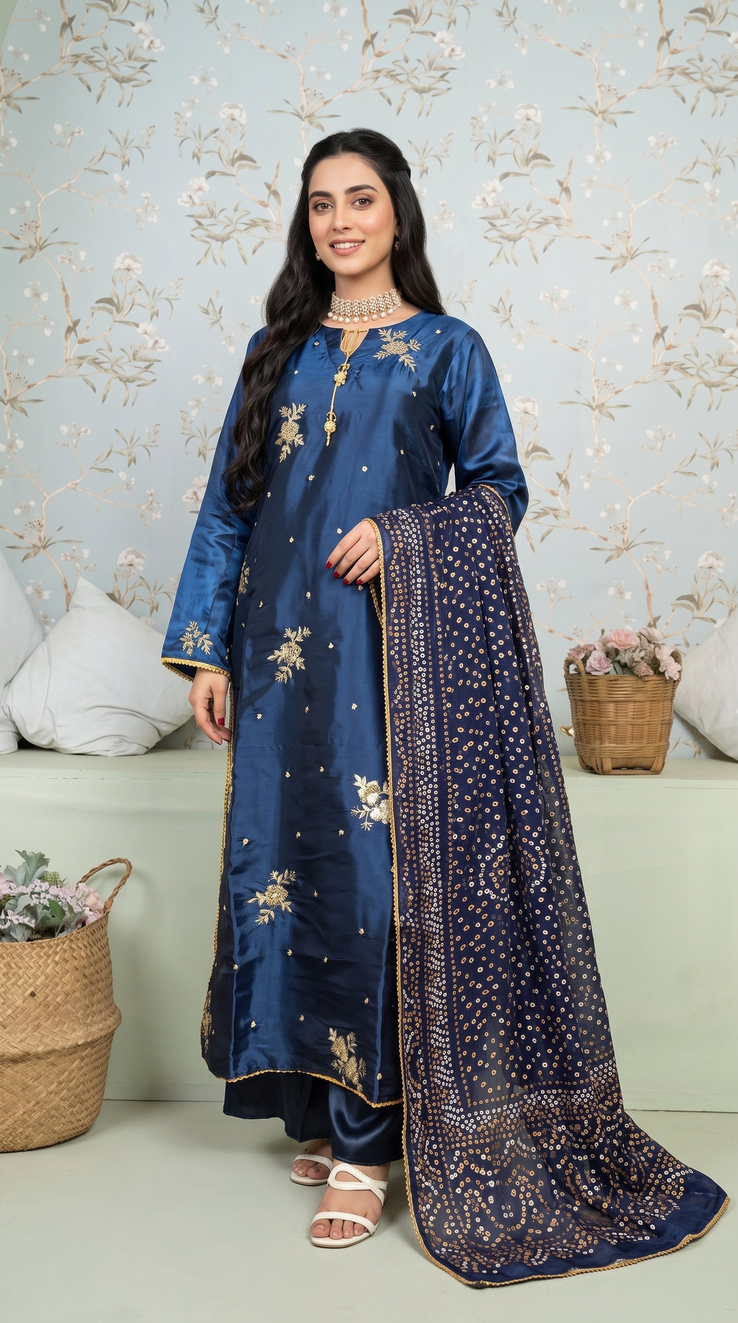 Stitched Navy Blue Sheesha Silk Embroidered 3-Piece Suit
