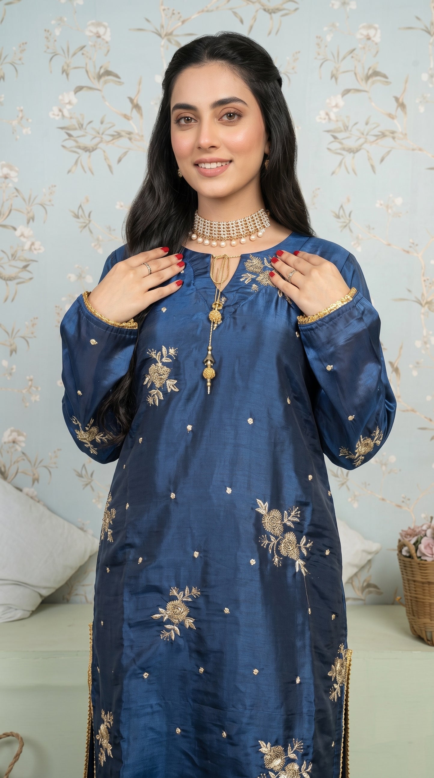 Stitched Navy Blue Sheesha Silk Embroidered 3-Piece Suit