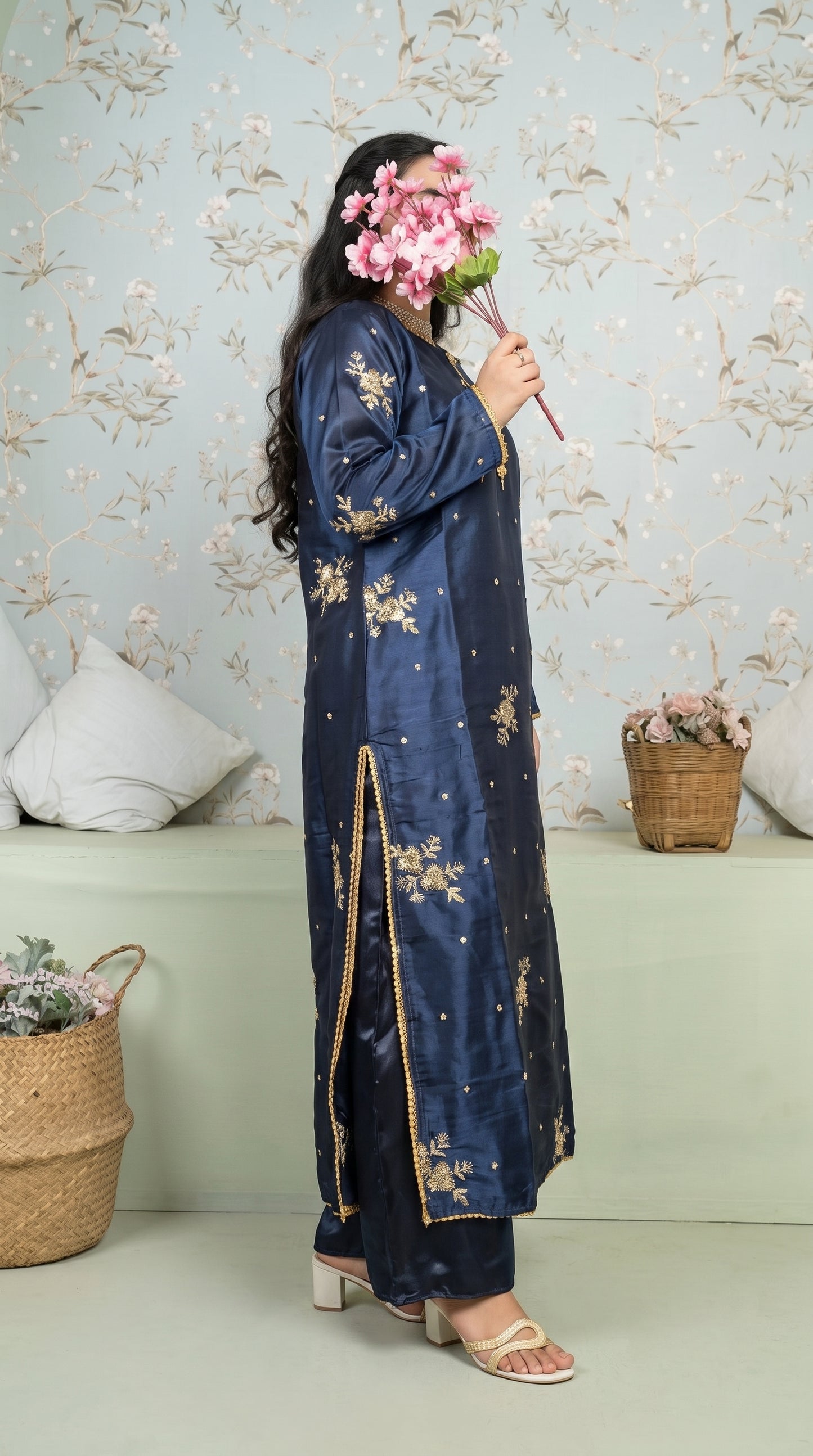 Stitched Navy Blue Sheesha Silk Embroidered 3-Piece Suit
