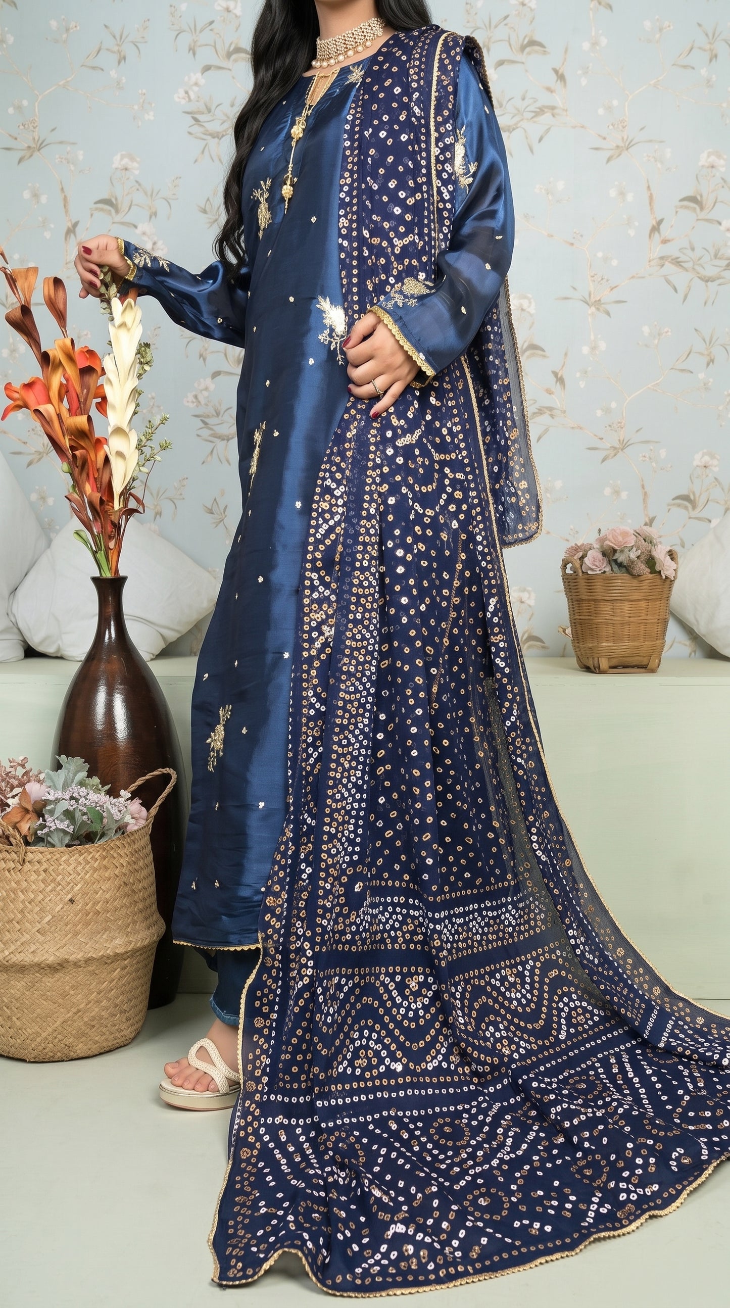 Stitched Navy Blue Sheesha Silk Embroidered 3-Piece Suit