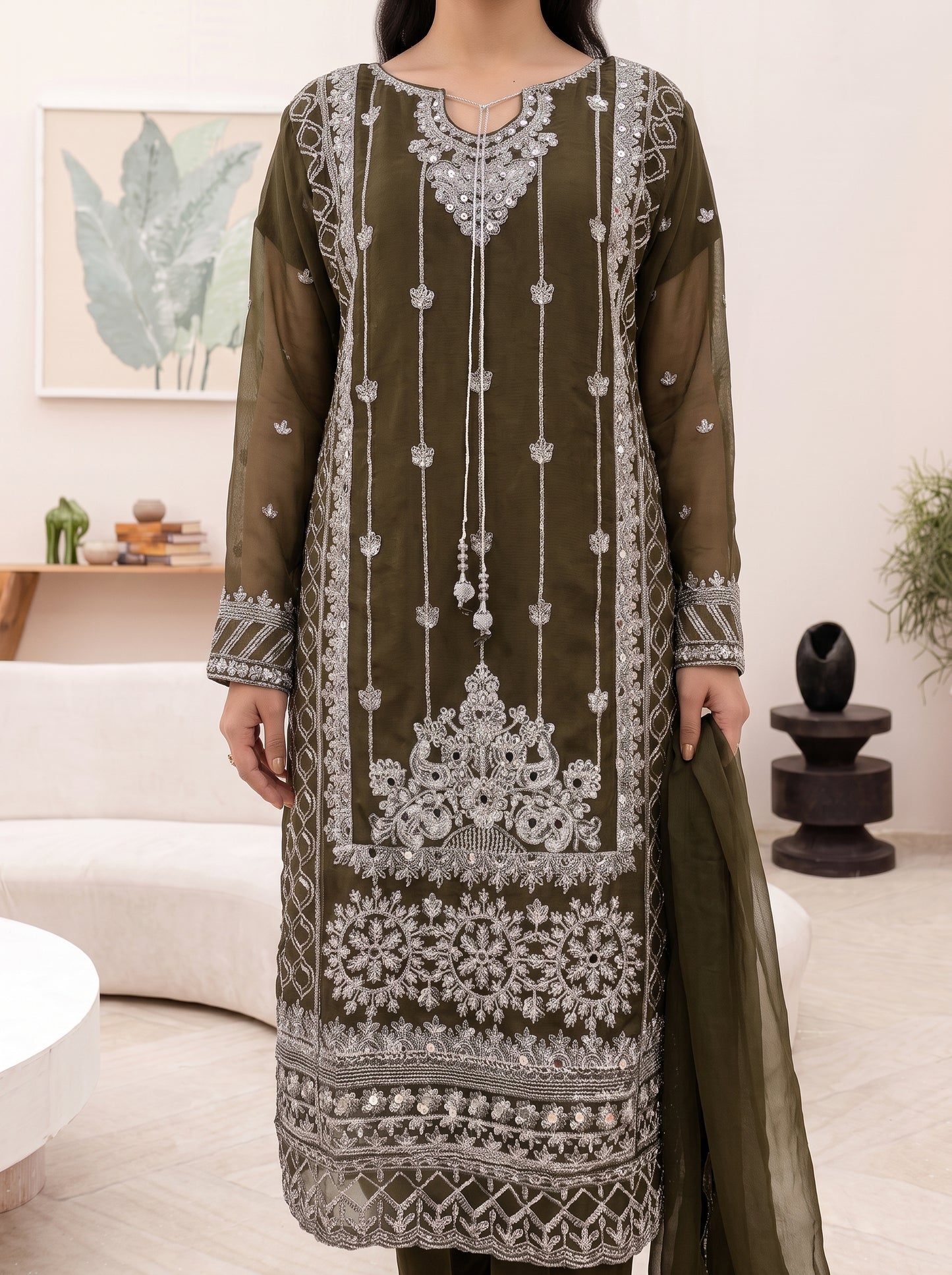 Stitched Elegant Chiffon 3 Piece Suit