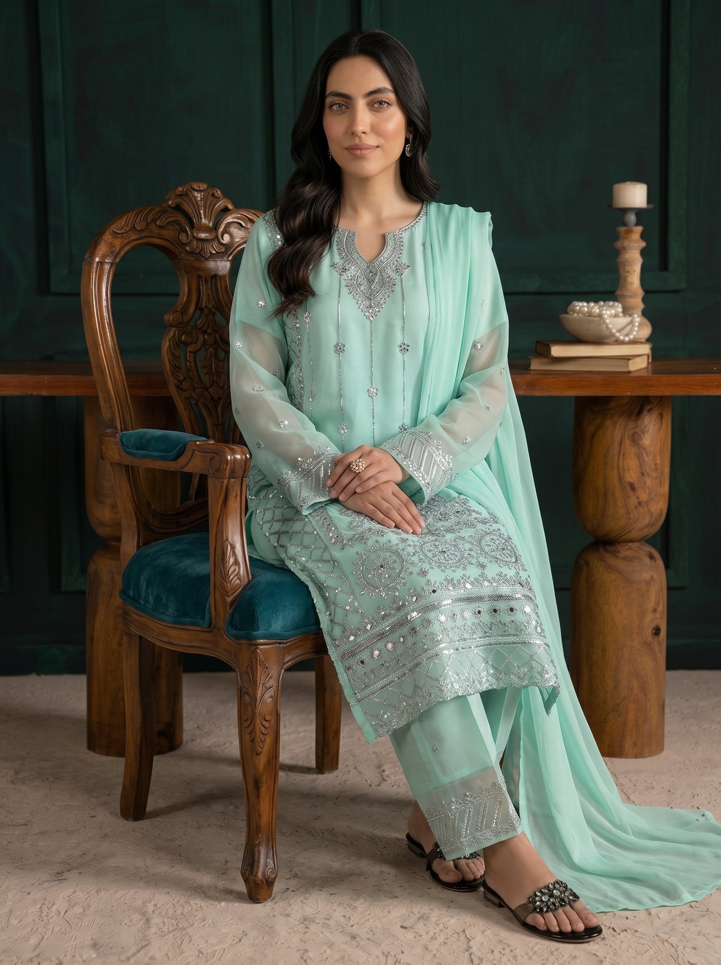 Stitched Elegant Chiffon 3 Piece Suit