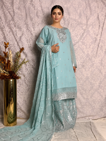 Ice Blue Embroidered 3-Piece Suit