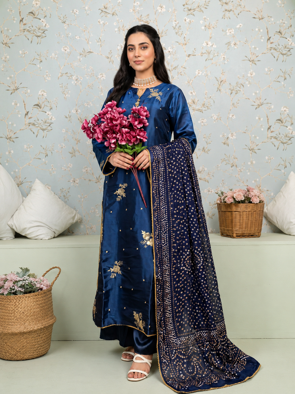 Navy Blue Sheesha Silk Embroidered 3-Piece Suit