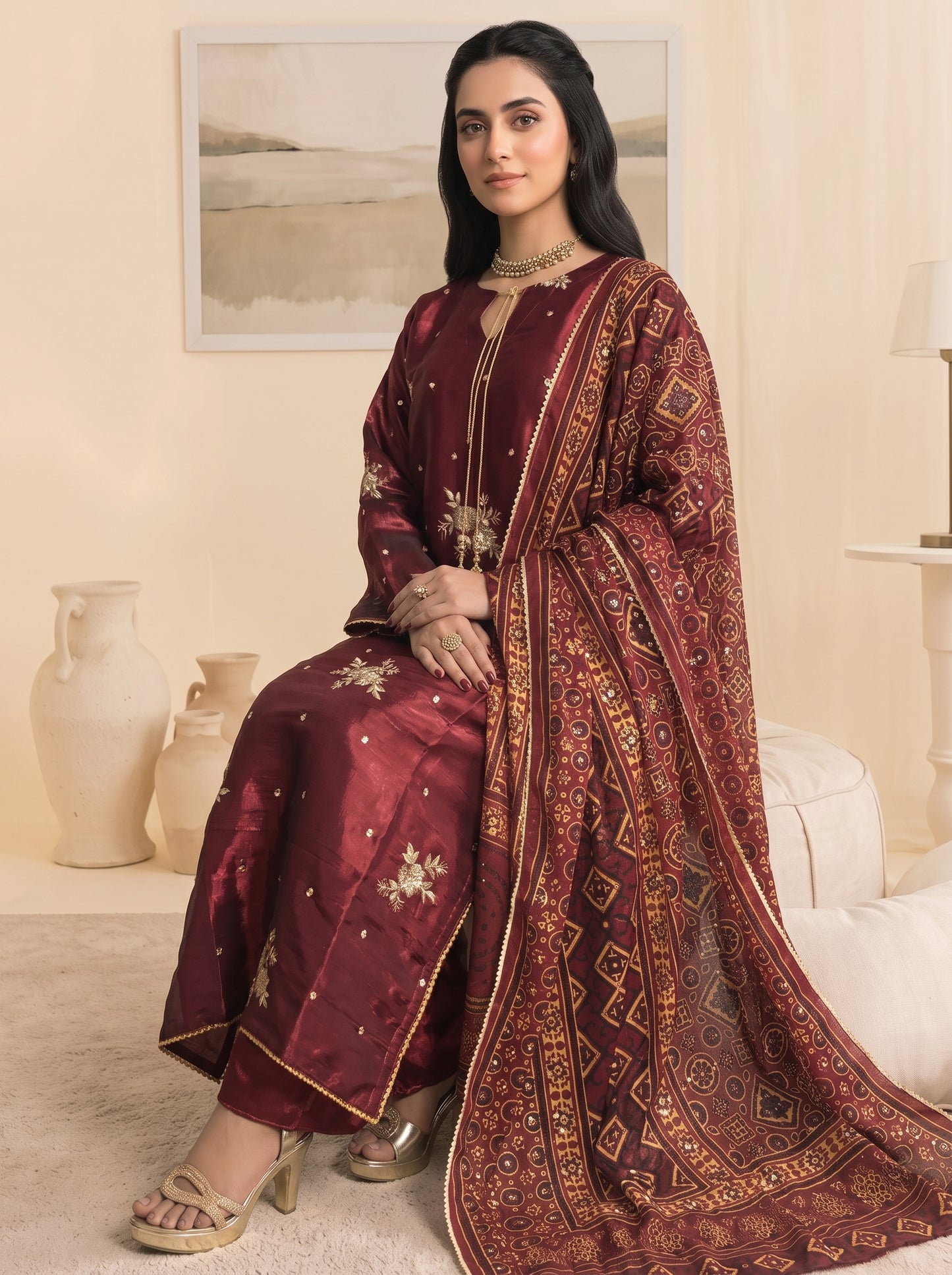 Stitched Maroon Sheesha Silk Embroidered 3-Piece Suit