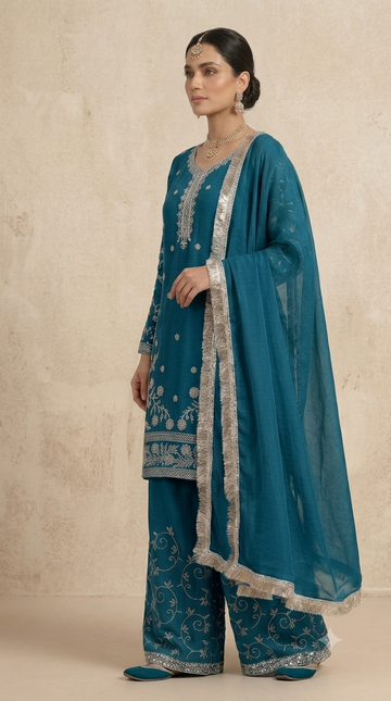 Teal Blue Chiffon Embroidered 3-Piece Suit