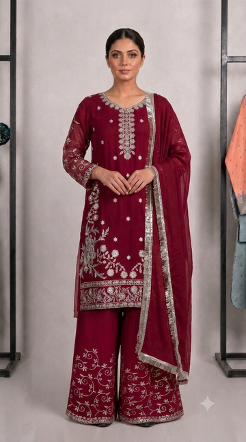 Maroon Chiffon Embroidered 3-Piece Suit