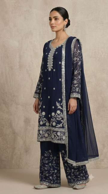Blue Chiffon Embroidered 3-Piece Suit
