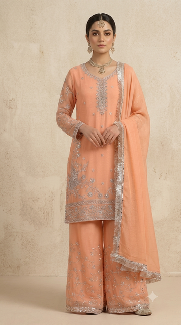 Peach Chiffon Embroidered 3-Piece Suit