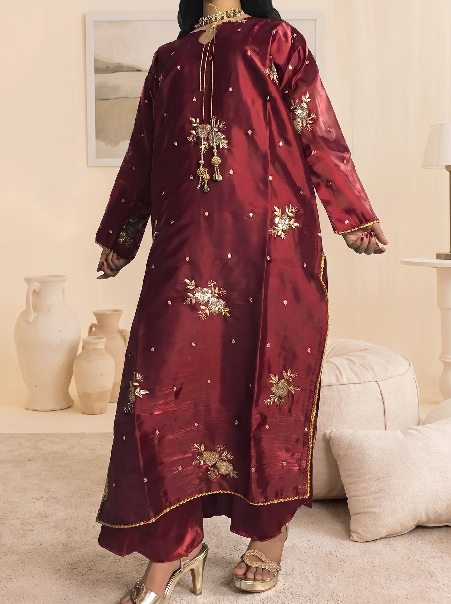Stitched Maroon Sheesha Silk Embroidered 3-Piece Suit