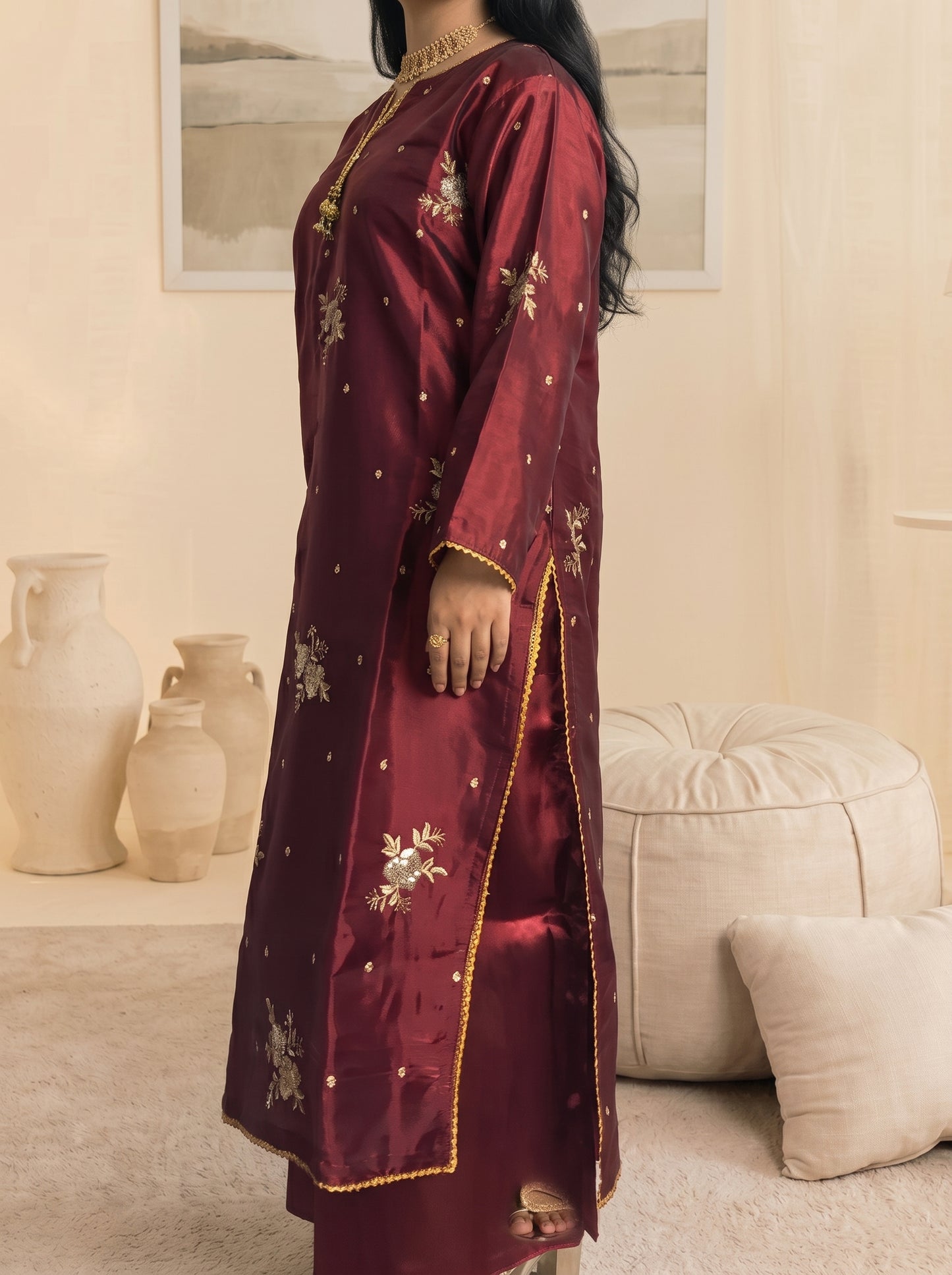 Stitched Maroon Sheesha Silk Embroidered 3-Piece Suit