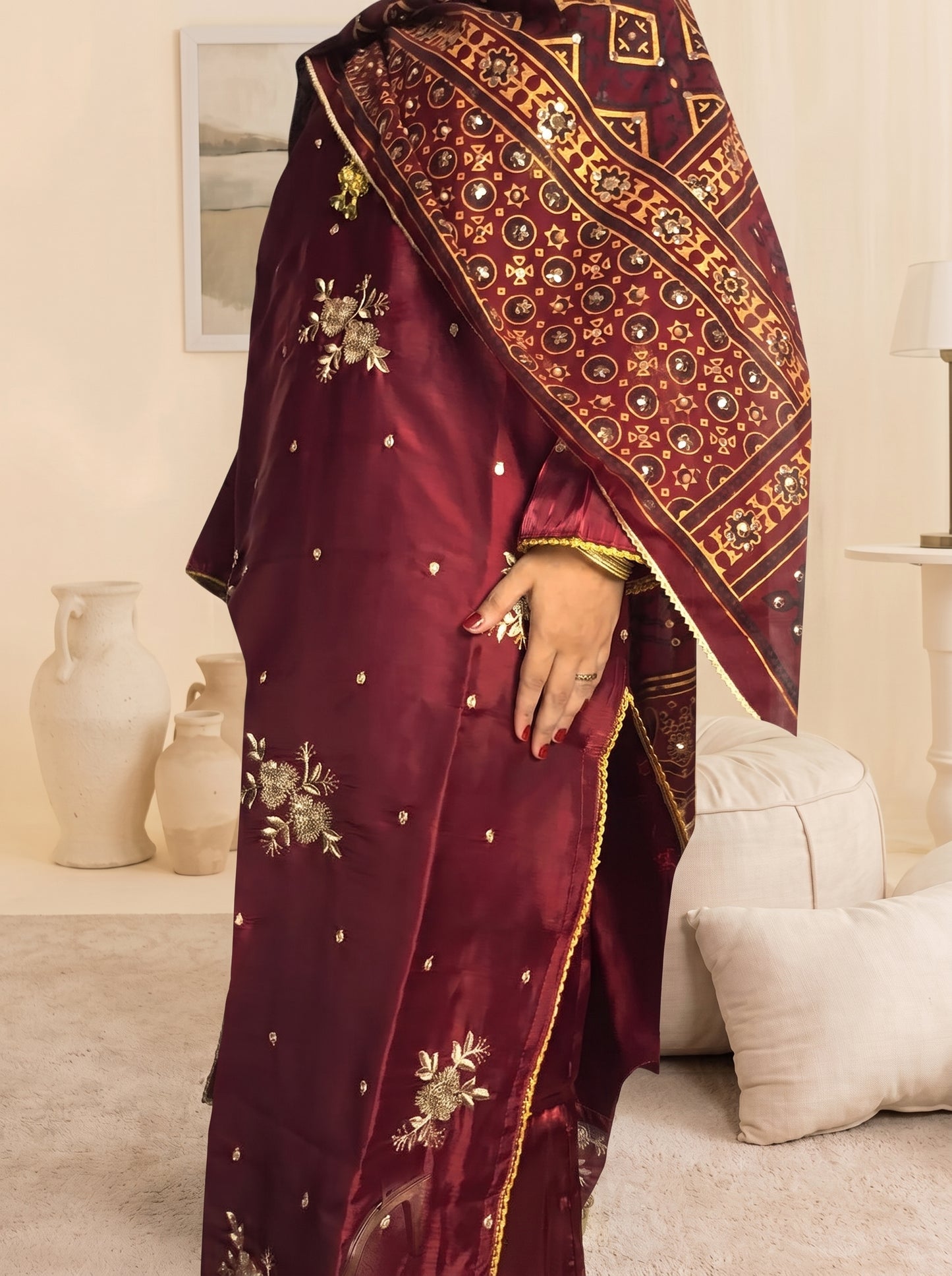 Stitched Maroon Sheesha Silk Embroidered 3-Piece Suit