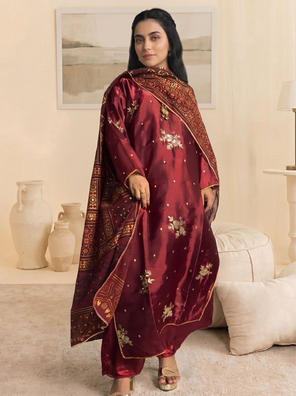 Maroon Sheesha Silk Embroidered 3-Piece Suit