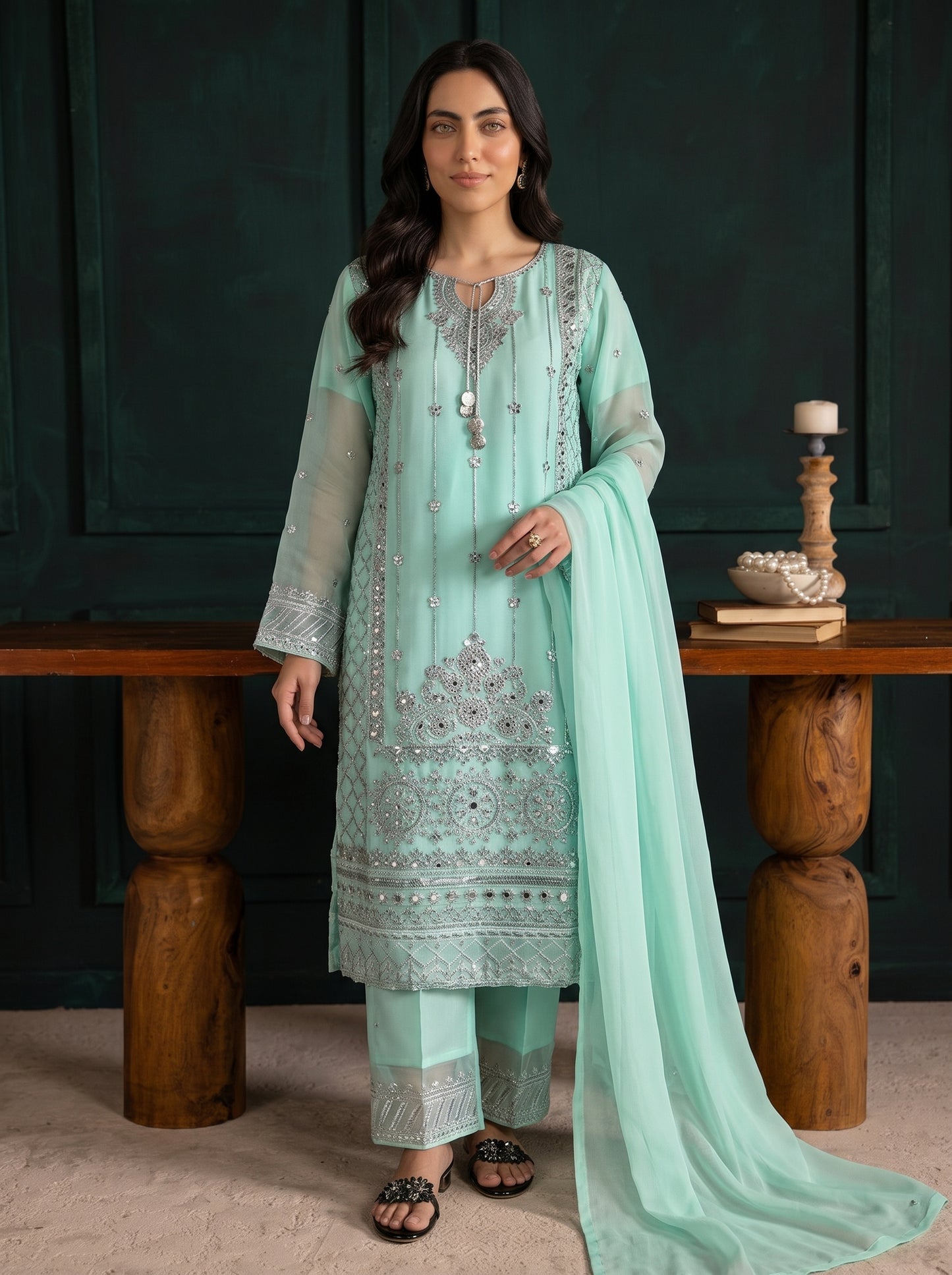 Stitched Elegant Chiffon 3 Piece Suit