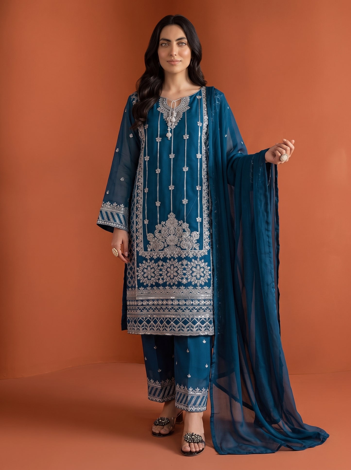 Stitched Elegant Chiffon 3 Piece Suit