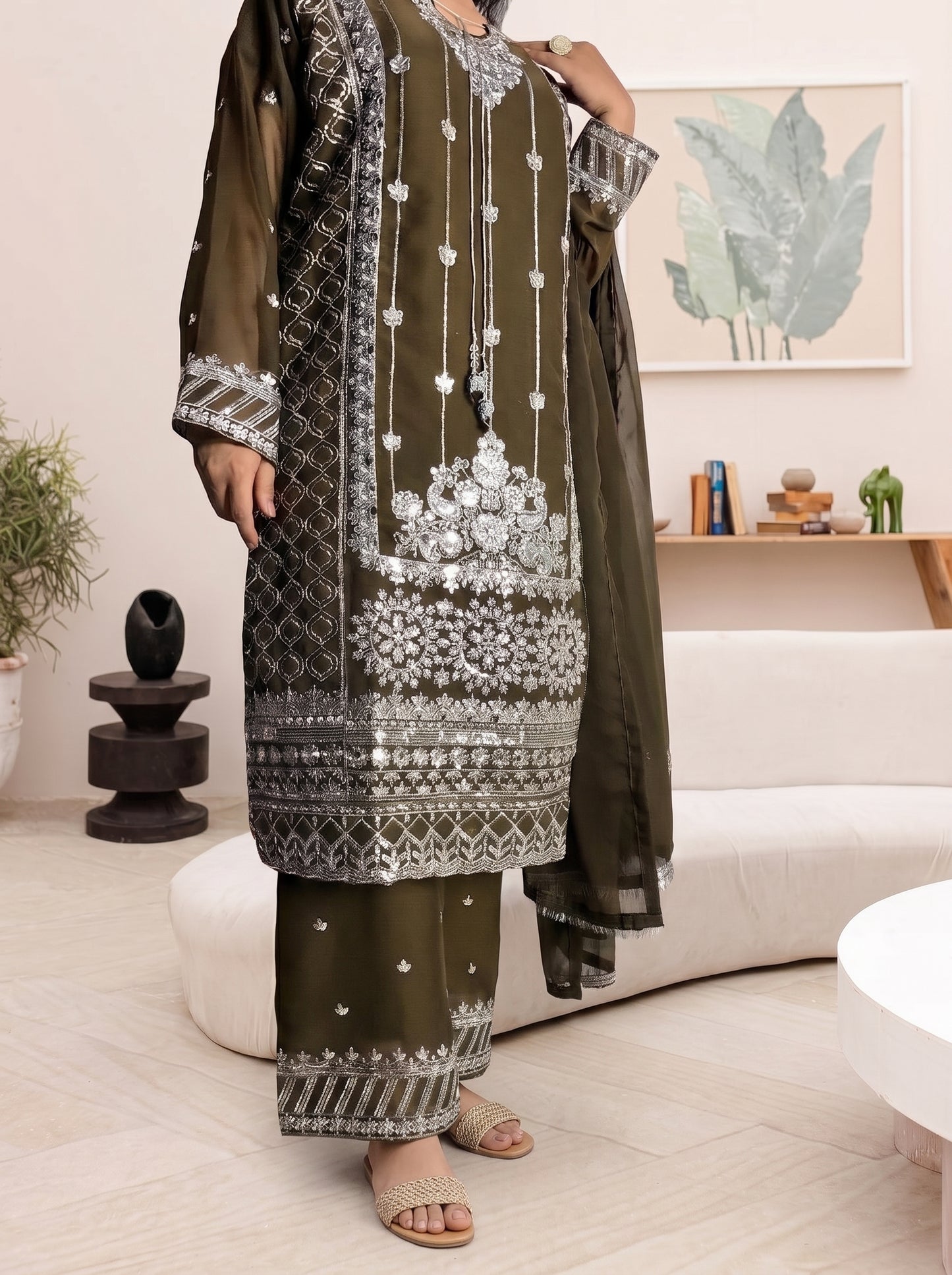 Stitched Elegant Chiffon 3 Piece Suit