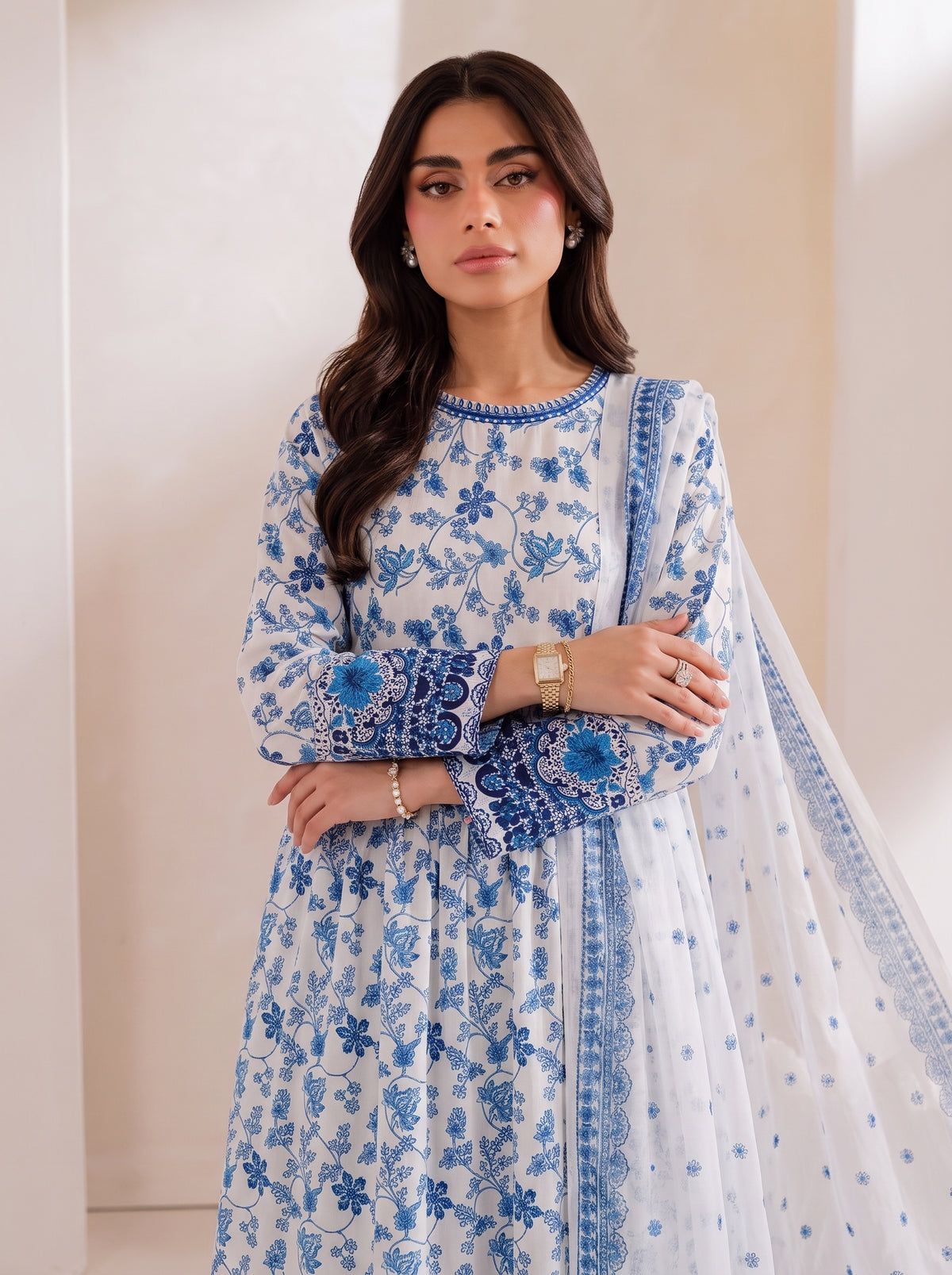 Hania Amir Inspired Printed 3 Piece Maxi Suit with Monar Dupatta