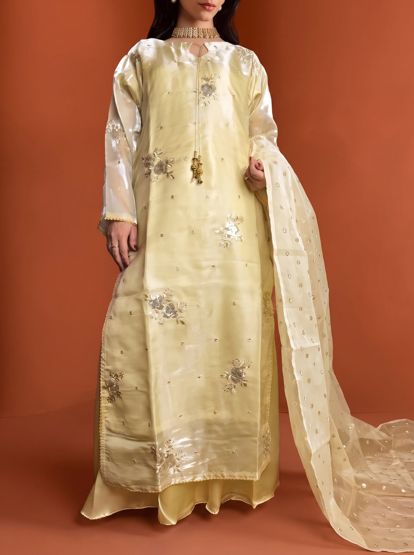 Stitched Gold Beige Sheesha Silk Embroidered 3-Piece Suit