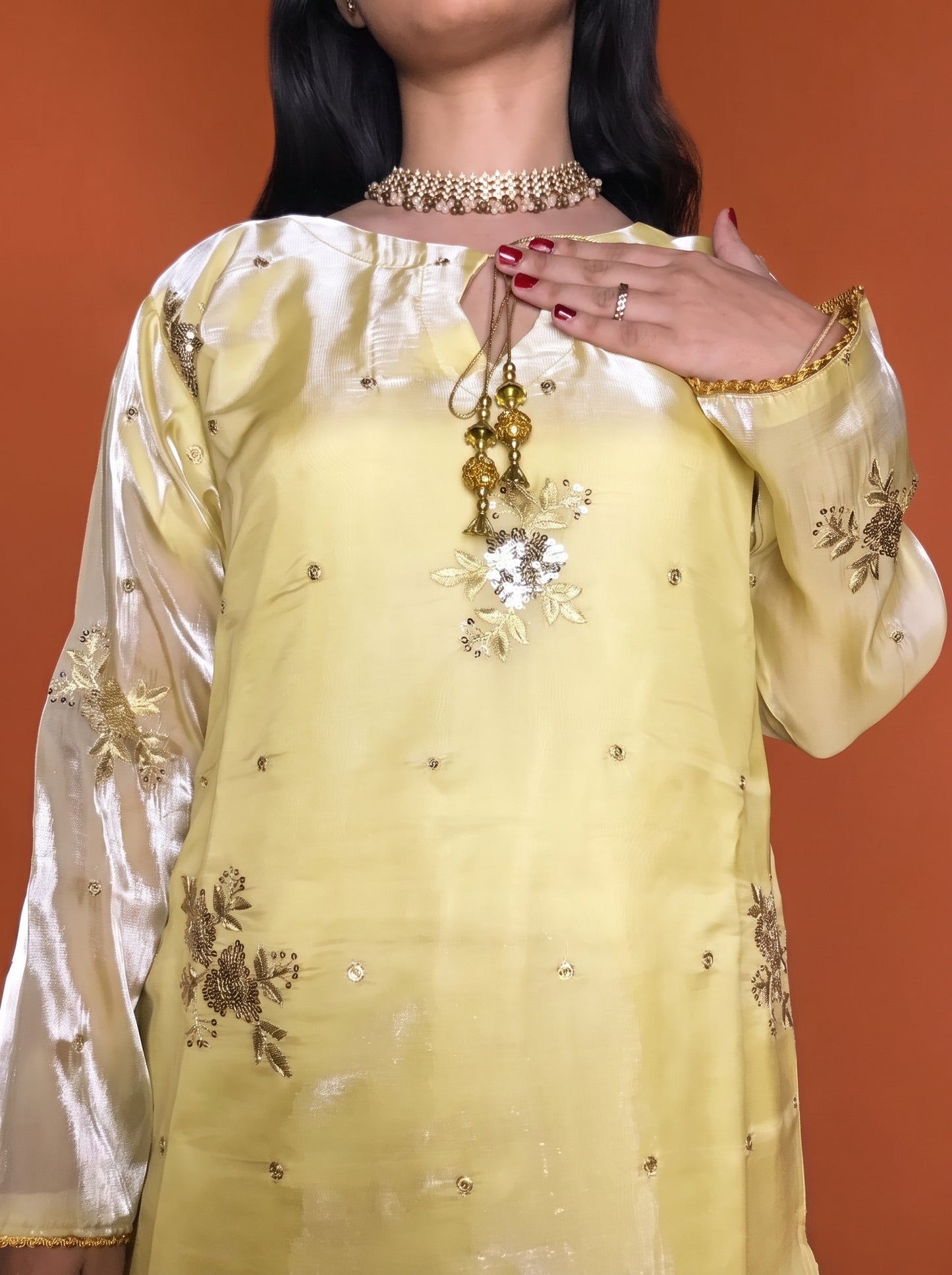 Stitched Gold Beige Sheesha Silk Embroidered 3-Piece Suit