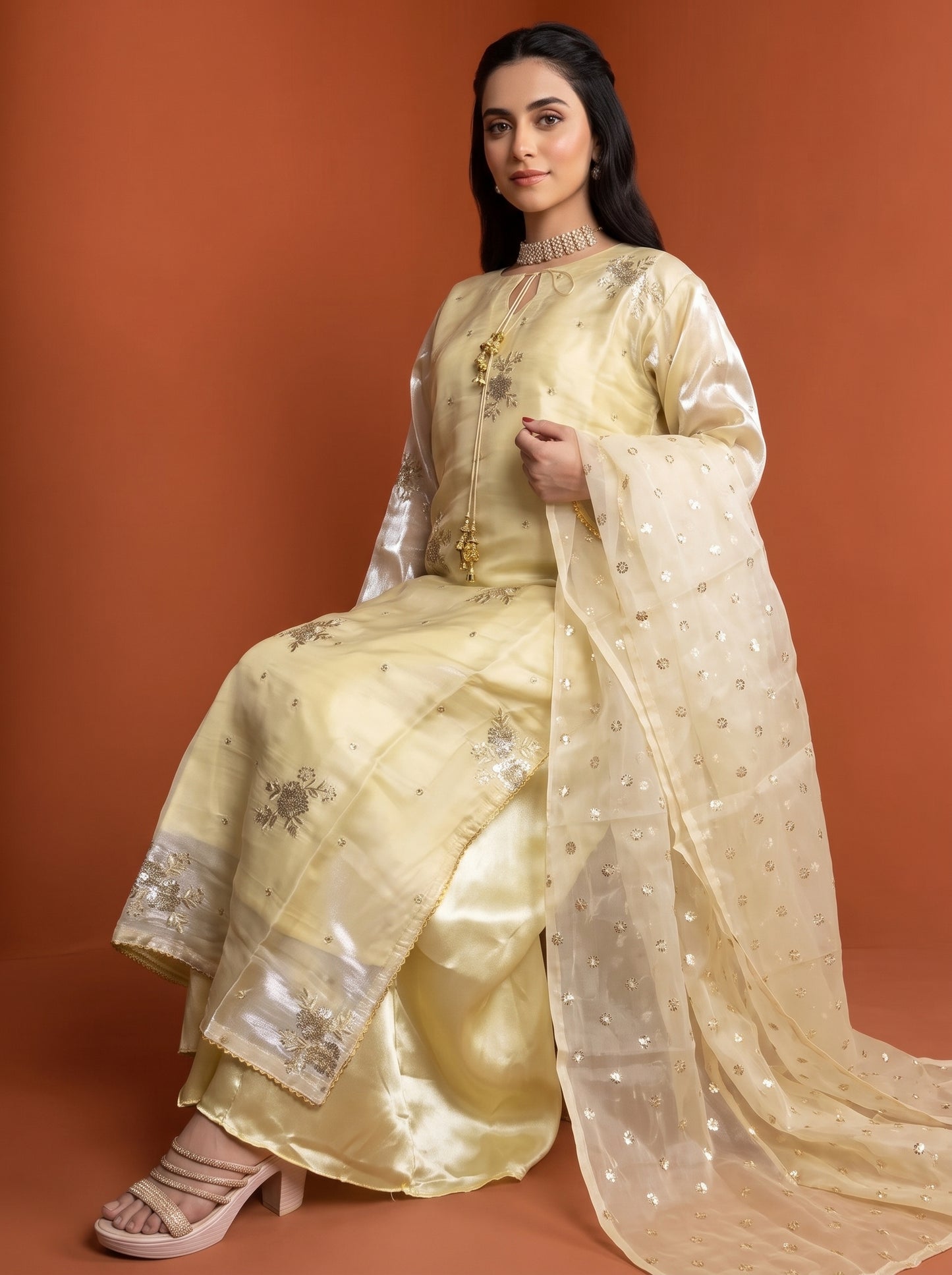 Stitched Gold Beige Sheesha Silk Embroidered 3-Piece Suit