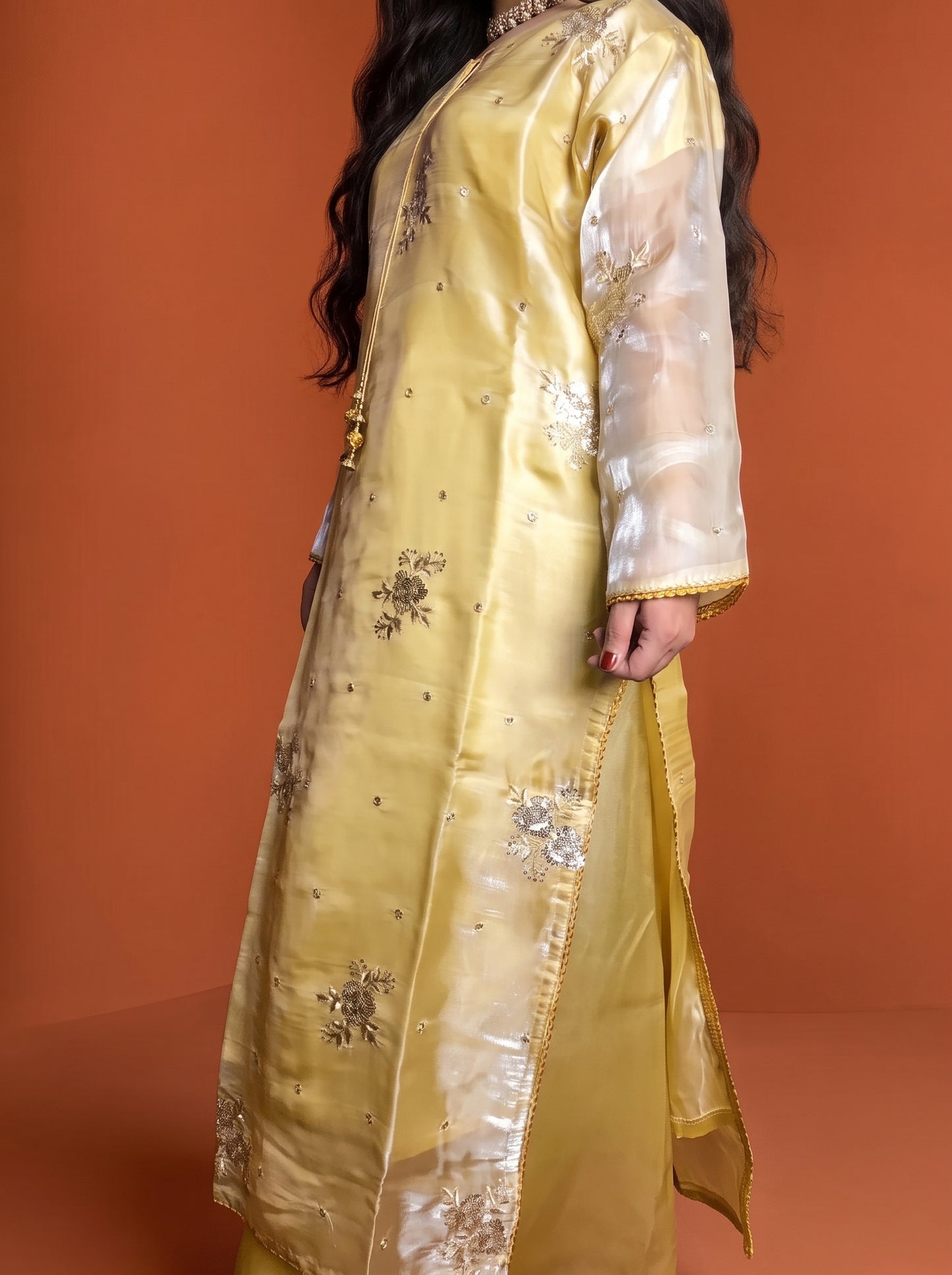 Stitched Gold Beige Sheesha Silk Embroidered 3-Piece Suit