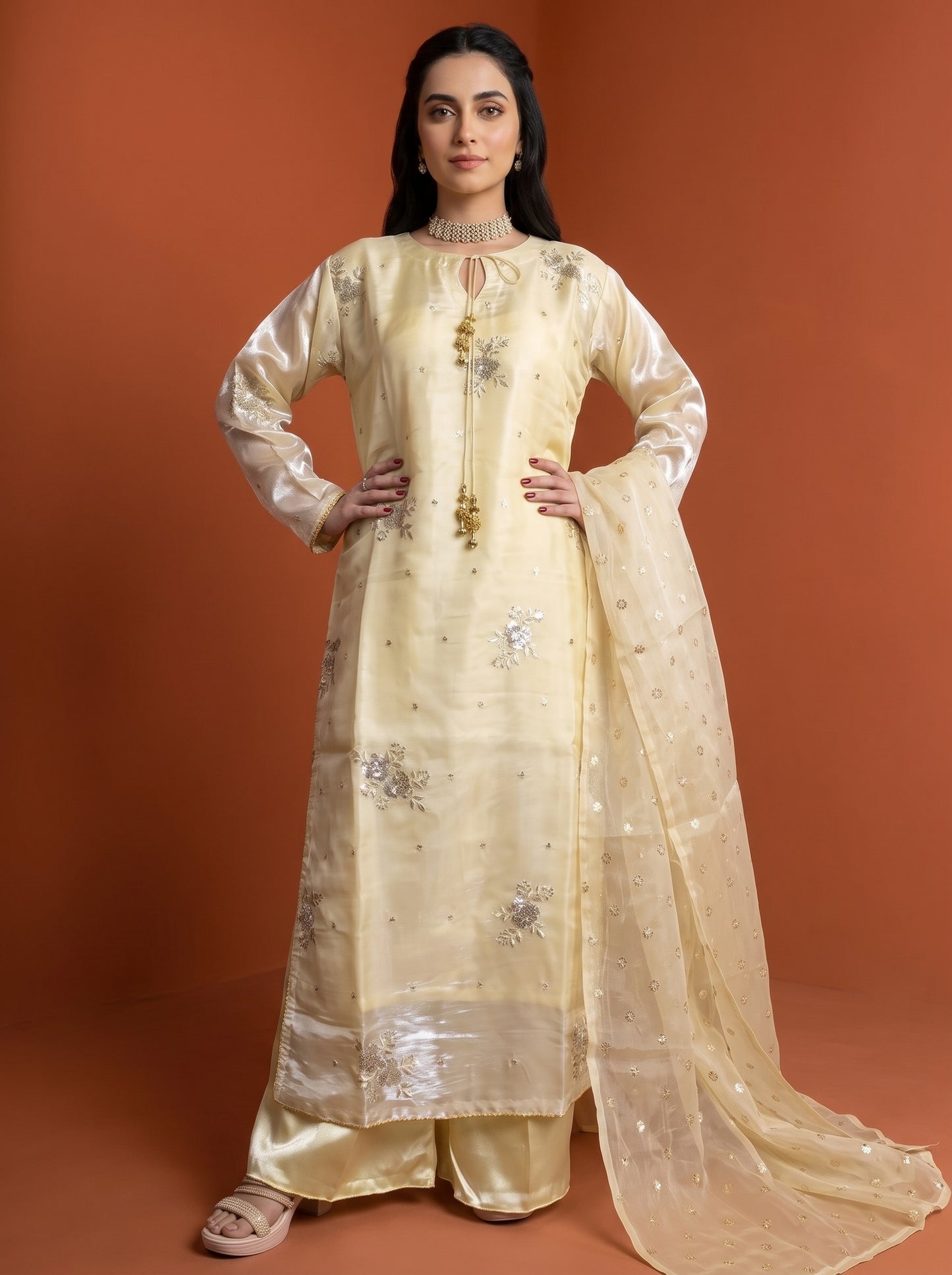 Stitched Gold Beige Sheesha Silk Embroidered 3-Piece Suit