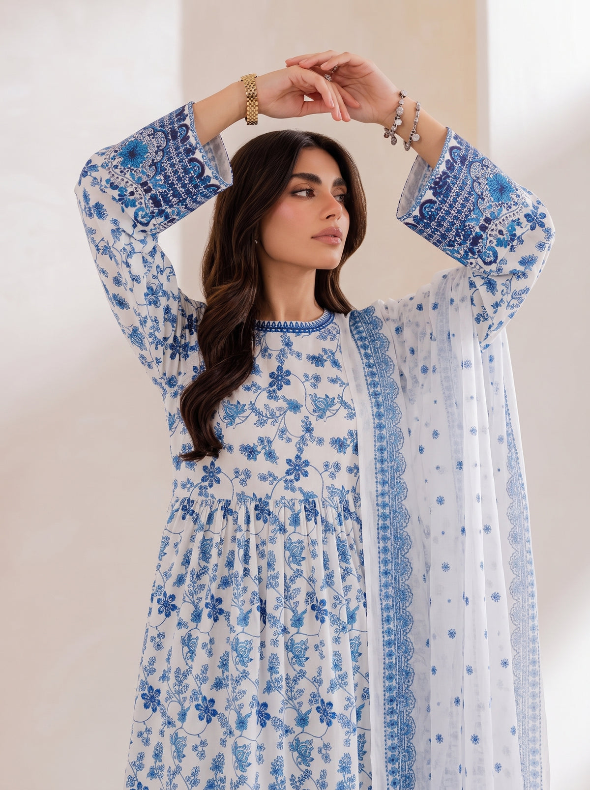 Hania Amir Inspired Printed 3 Piece Maxi Suit with Monar Dupatta