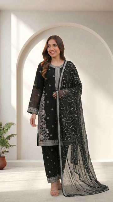 Black Chiffon Embroidered 3-Piece Suit for Women