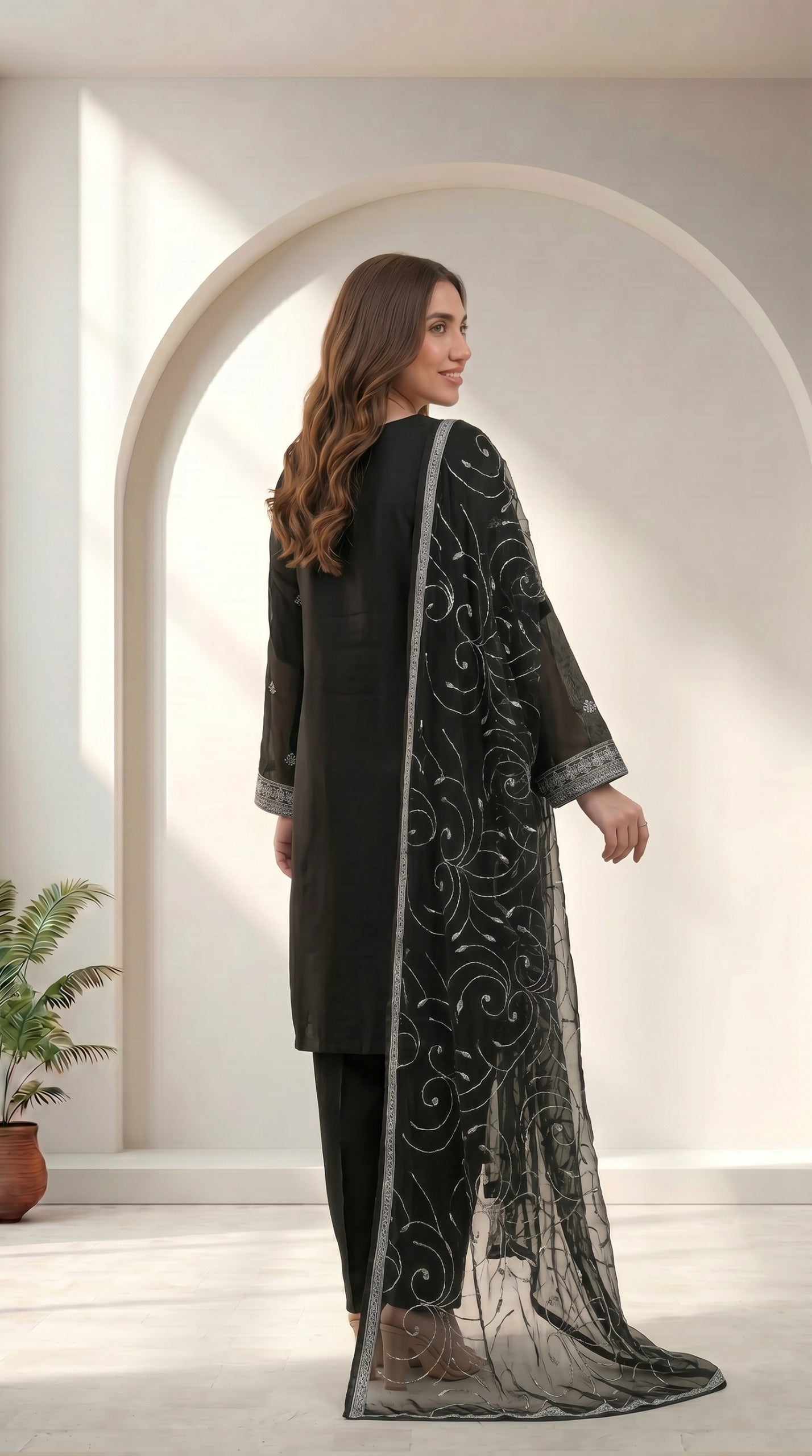 Stitched Black Chiffon Embroidered 3-Piece Suit for Women