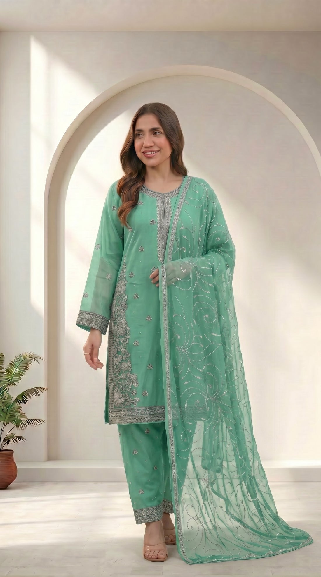 Sea Green Chiffon Embroidered 3-Piece Suit for Women