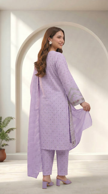 Purple Cotton 3 Piece Suit – Embroidered Formal Wear