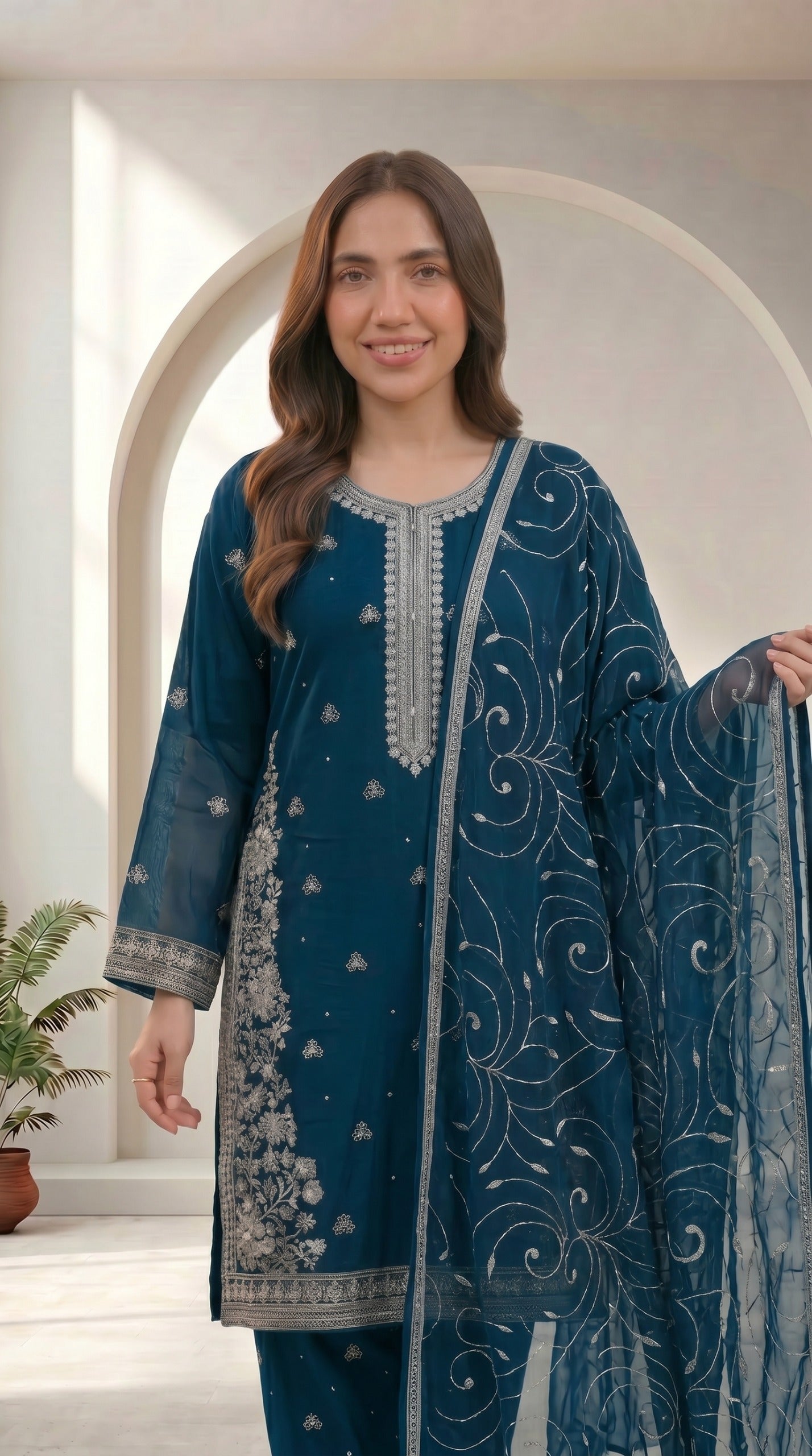 Stitched Teal Blue Chiffon Embroidered 3-Piece Suit for Women