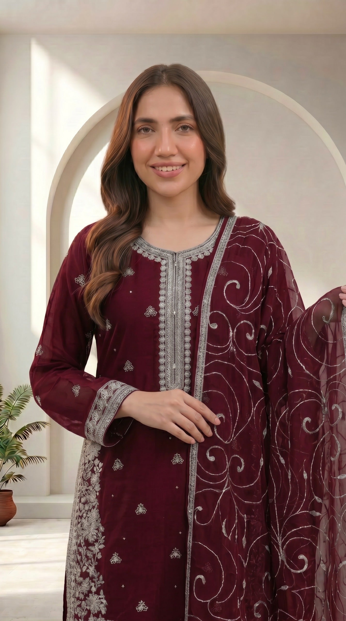 Stitched Maroon Chiffon Embroidered 3-Piece Suit