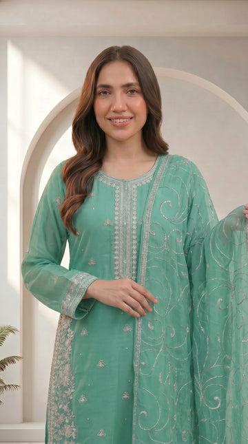 Sea Green Chiffon Embroidered 3-Piece Suit for Women