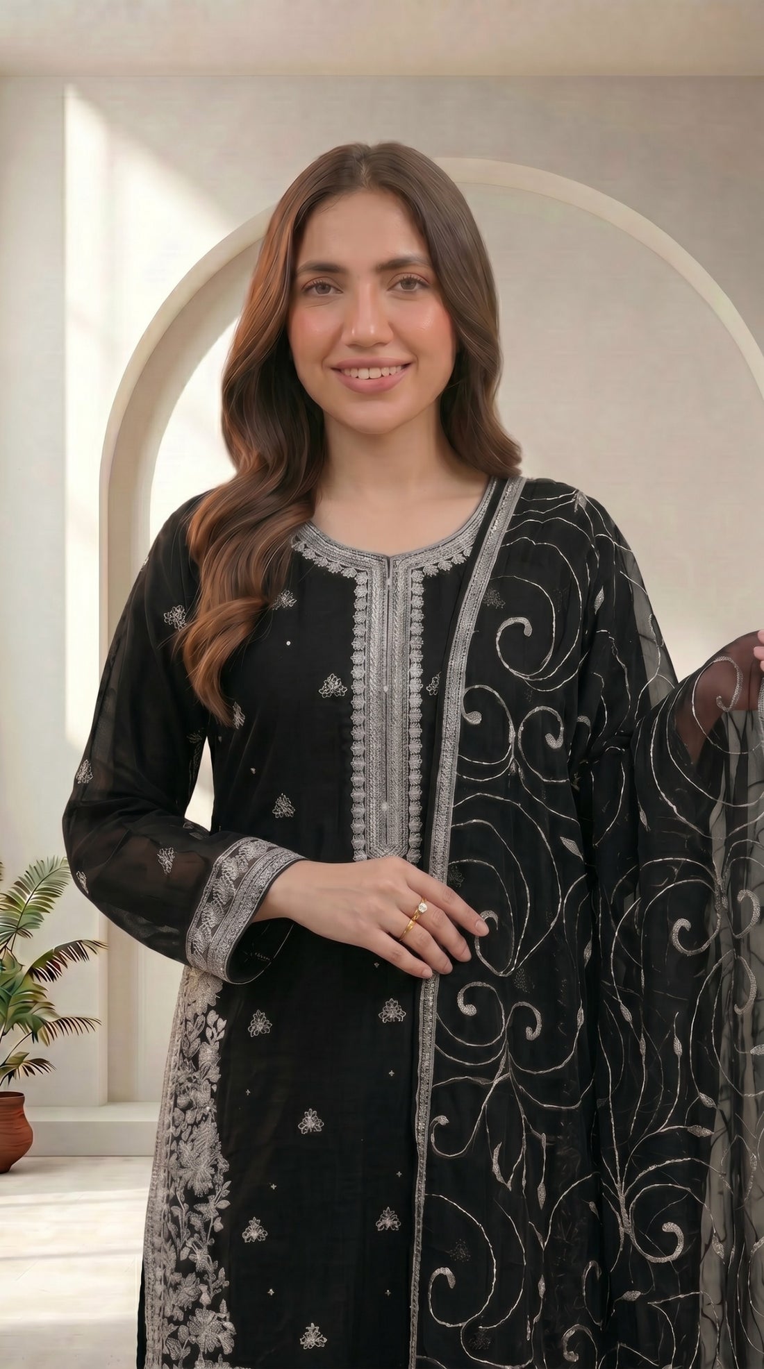Black Chiffon Embroidered 3-Piece Suit for Women