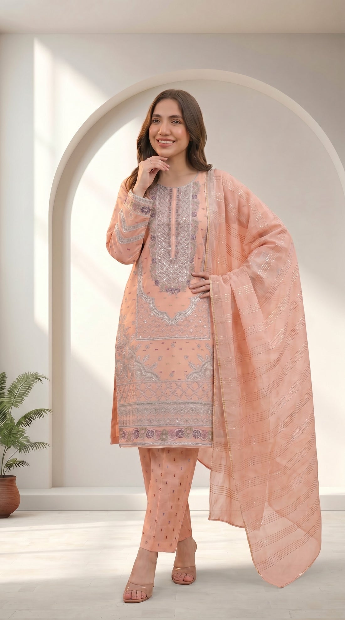 Light Orange Cotton 3 Piece Suit – Embroidered Formal Wear