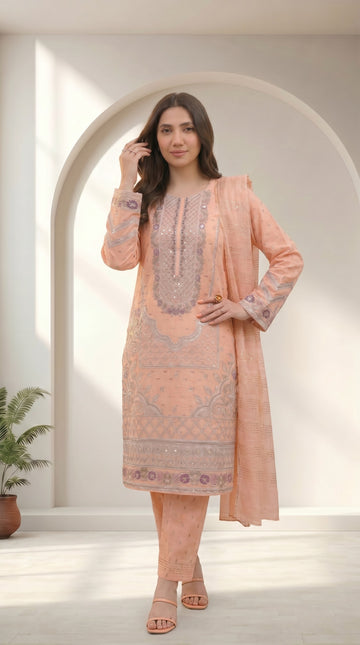 Light Orange Cotton 3 Piece Suit – Embroidered Formal Wear