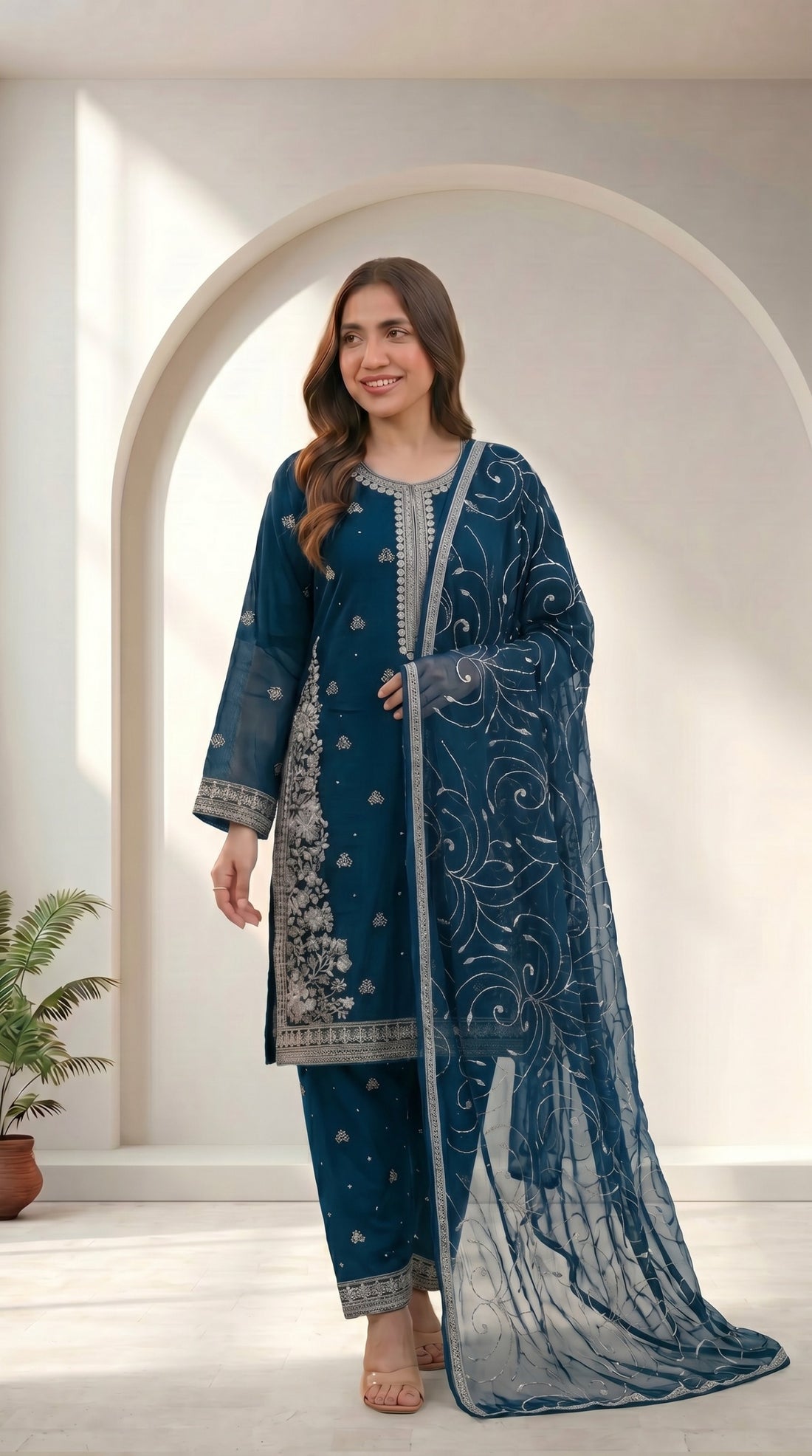 Teal Blue Chiffon Embroidered 3-Piece Suit for Women