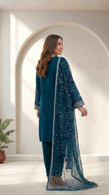 Teal Blue Chiffon Embroidered 3-Piece Suit for Women