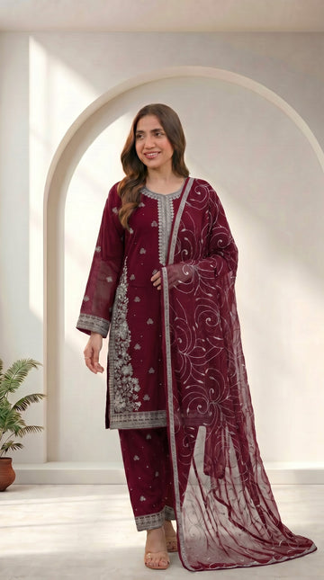 Maroon Chiffon Embroidered 3-Piece Suit