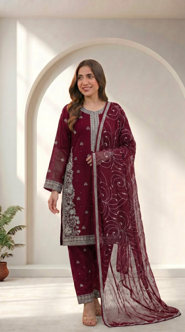 Maroon Chiffon Embroidered 3-Piece Suit