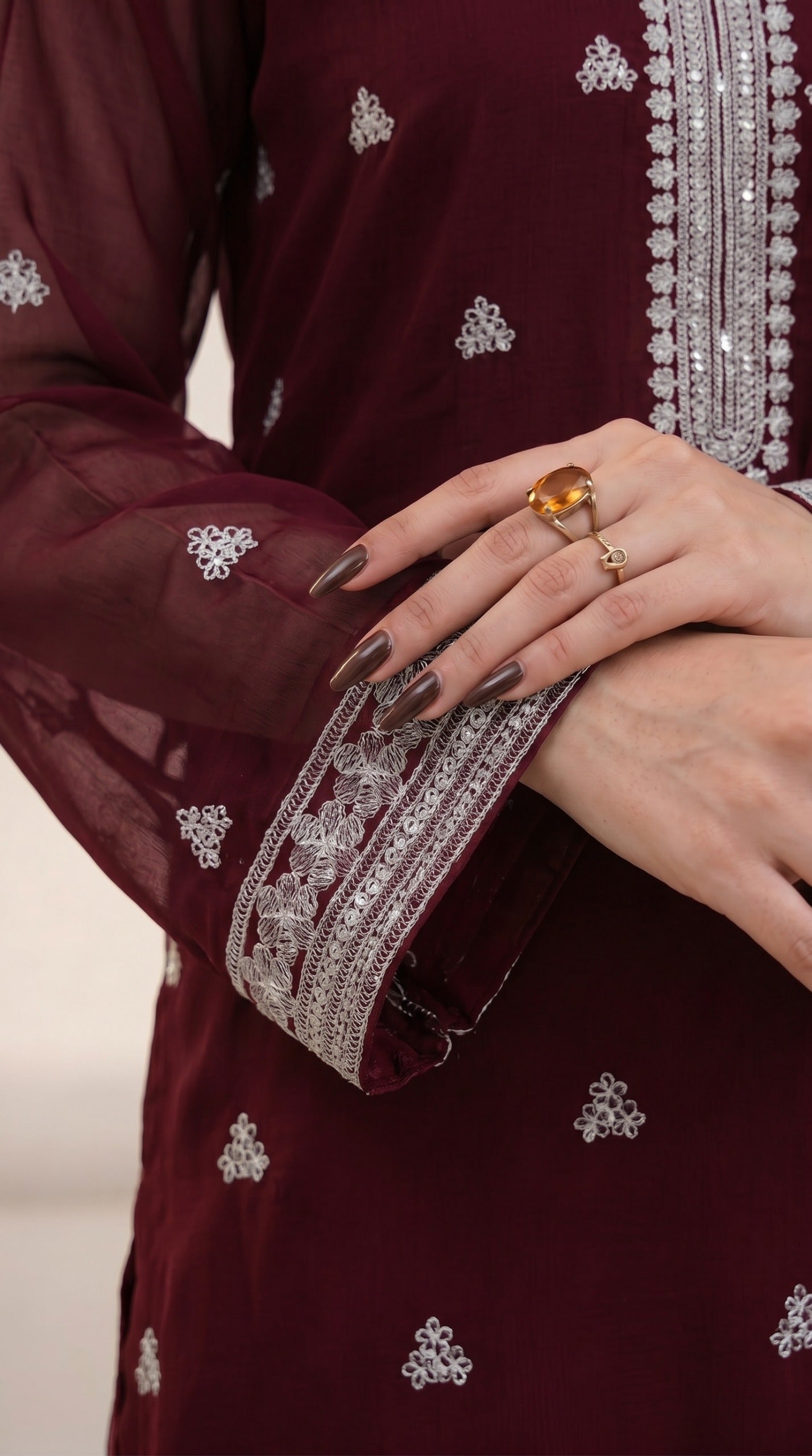 Stitched Maroon Chiffon Embroidered 3-Piece Suit