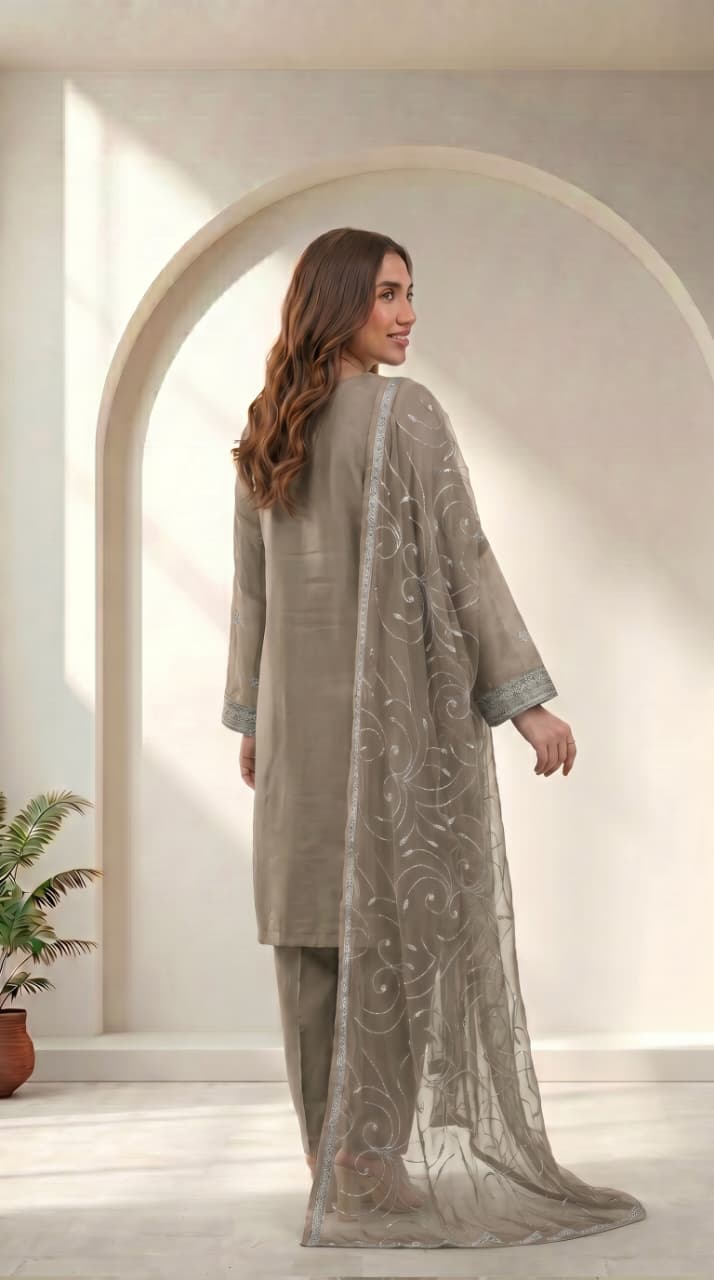 Stitched Mod Brown Embroidered 3-Piece Suit