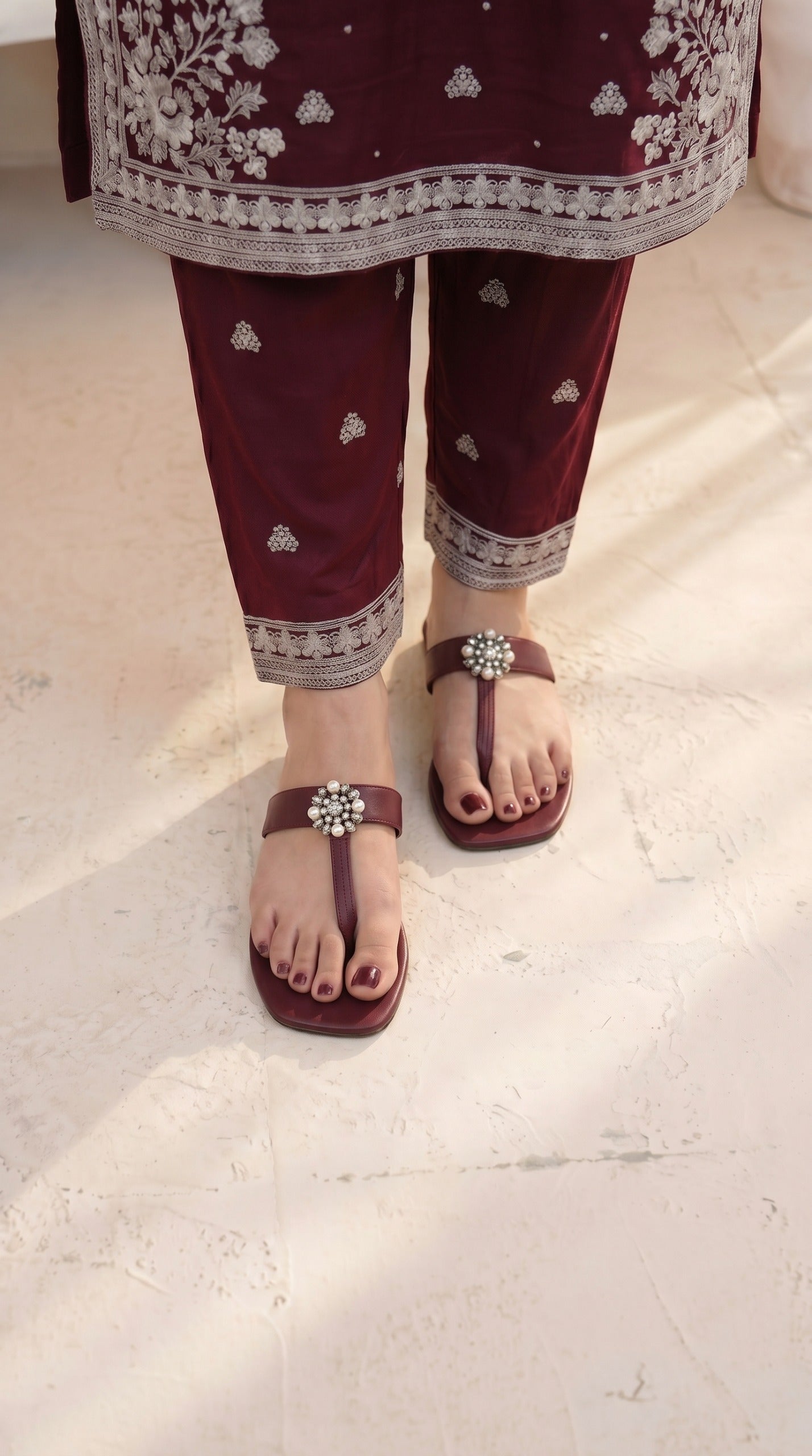 Stitched Maroon Chiffon Embroidered 3-Piece Suit