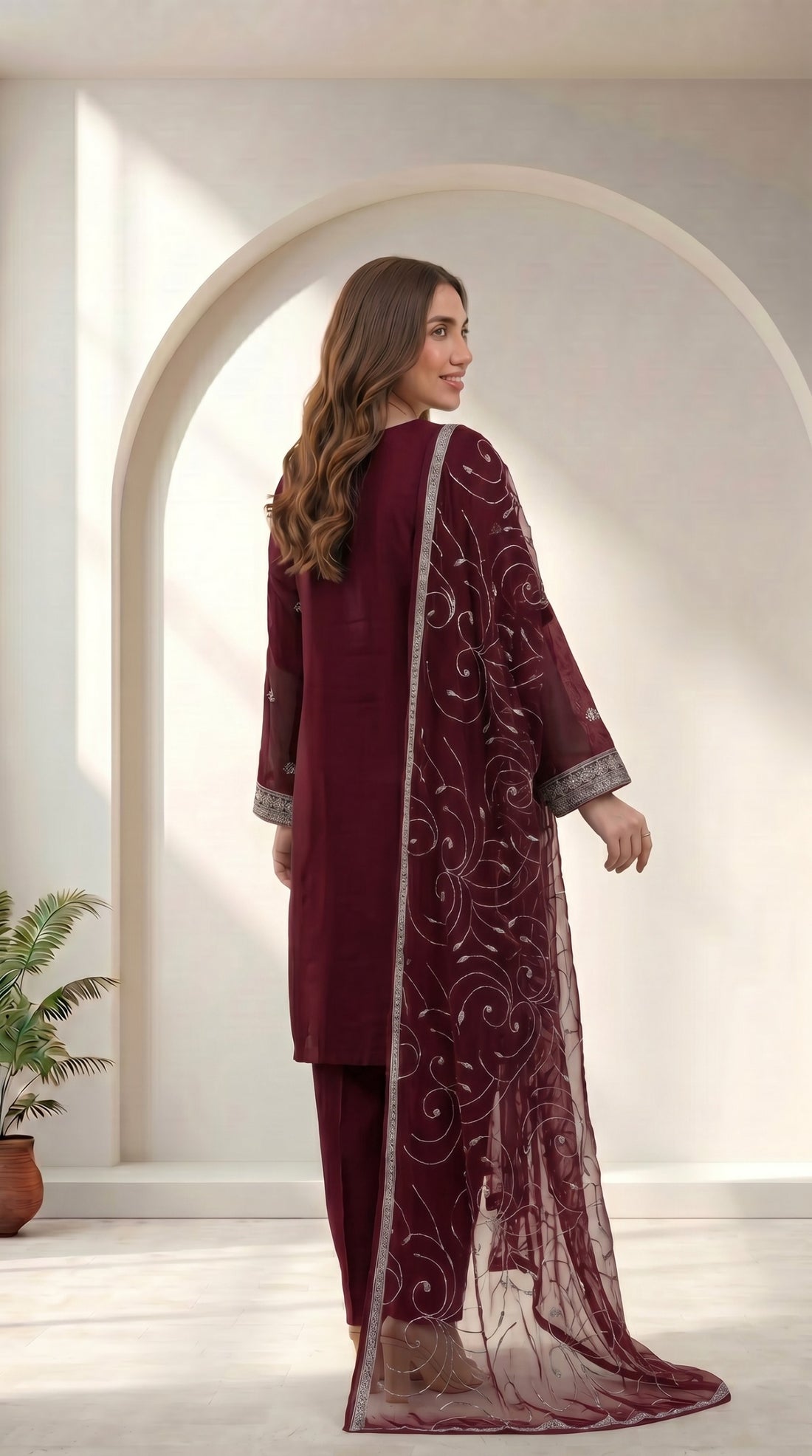 Maroon Chiffon Embroidered 3-Piece Suit