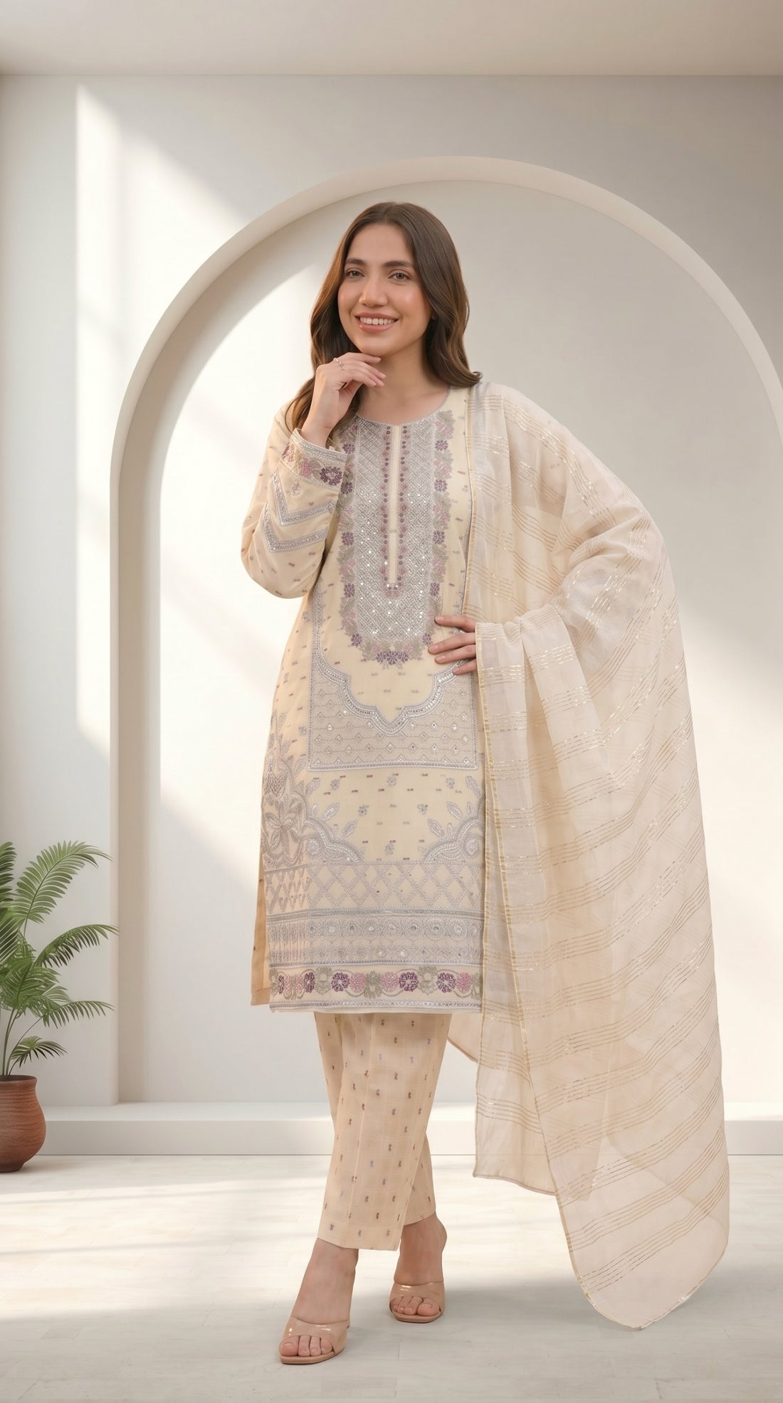 Beige Embroidered 3 Piece Suit for Women –
