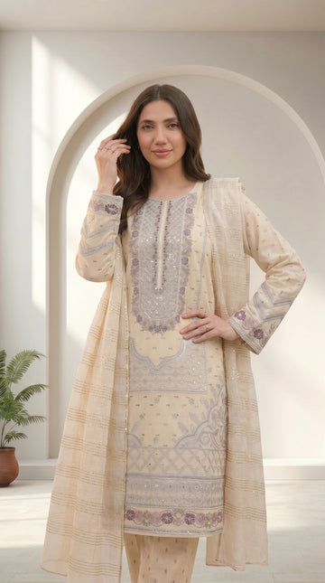 Beige Embroidered 3 Piece Suit for Women –